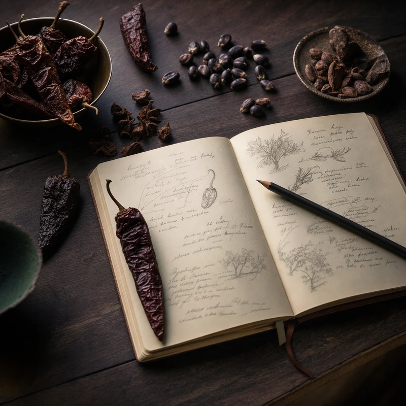 Caderno de notas aberto junto a ingredientes peruanos secos sobre uma mesa de madeira escura