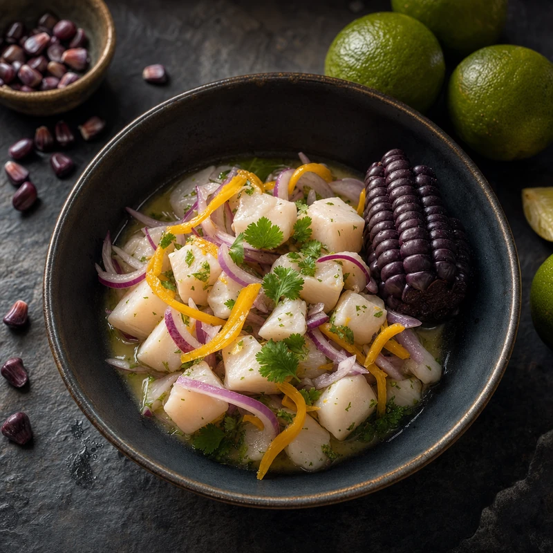 Ceviche peruano com cebola roxa e ají amarelo, servido numa tigela escura