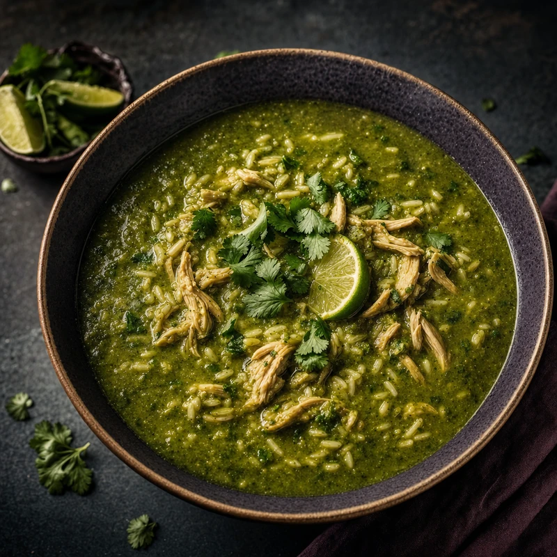 Aguadito de pollo, sopa verde con arroz y pollo