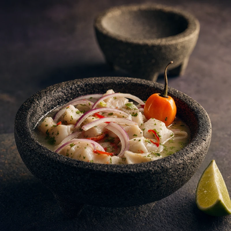 Ceviche servido en un cuenco de piedra oscuro, con cebolla morada y ají limo en el borde