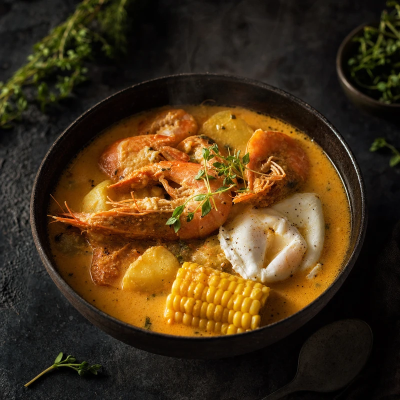 Chupe de camarones en un tazón, con choclo y huevo