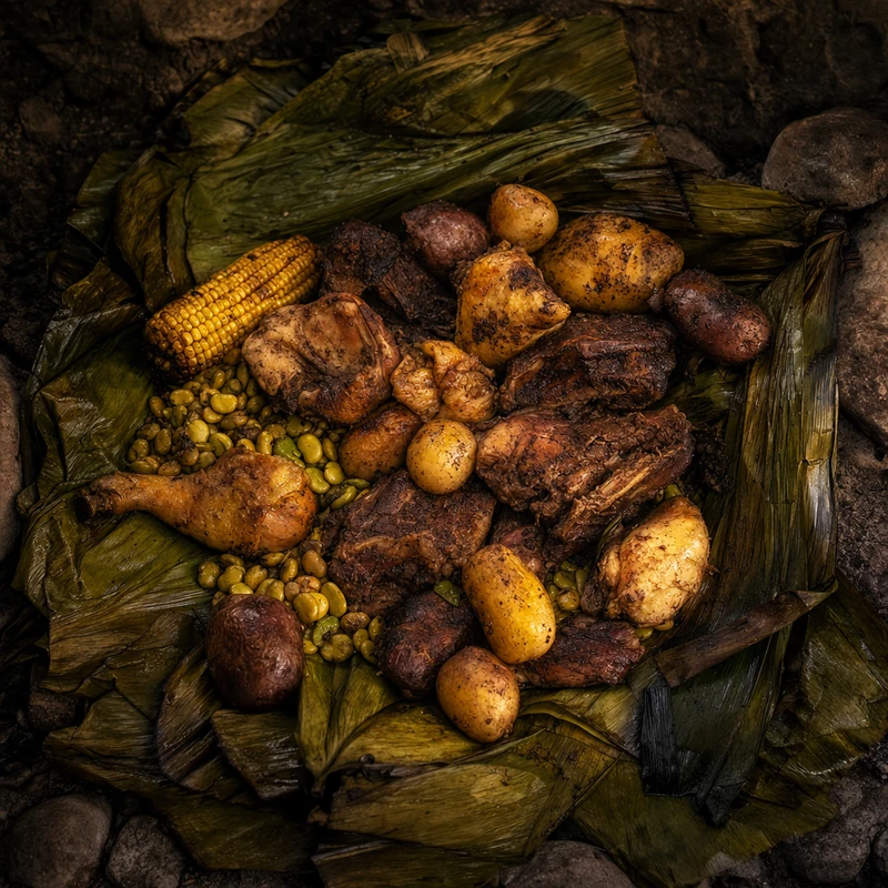 Pachamanca recién destapada, con carnes y verduras sobre hojas