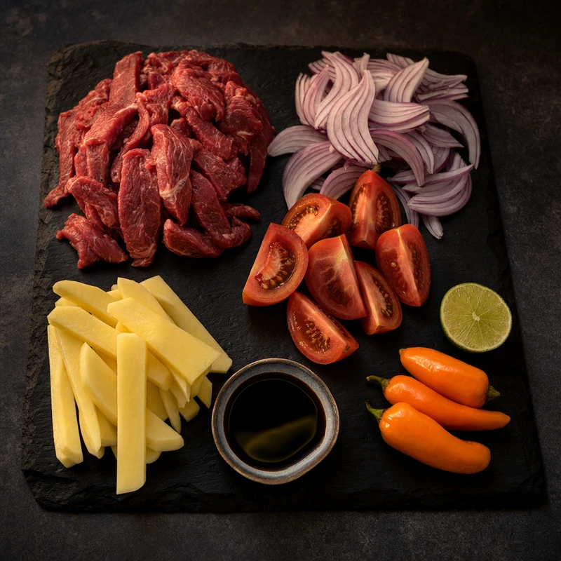 Ingredientes crus do lomo saltado dispostos numa tábua