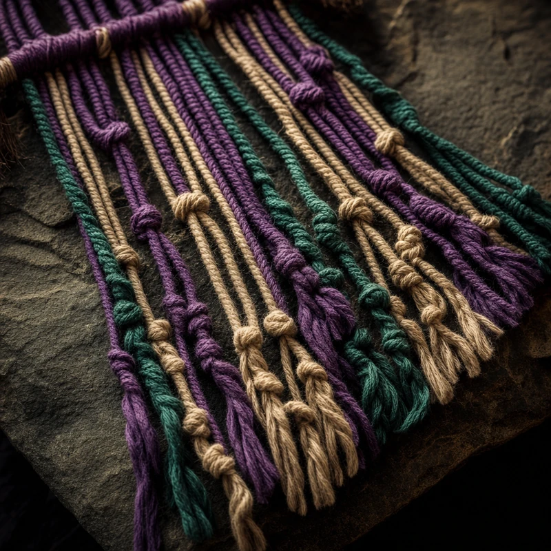 Cordões de lã anodados em tons violeta e jade, sobre pedra escura