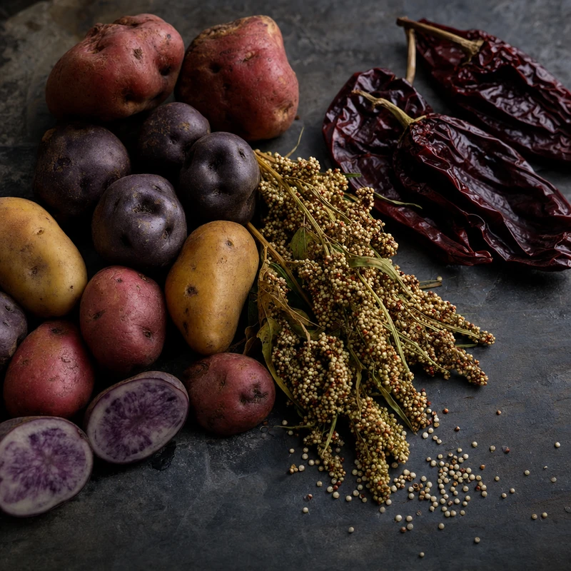 Batatas nativas, quinoa e ají panca — ingredientes da serra andina