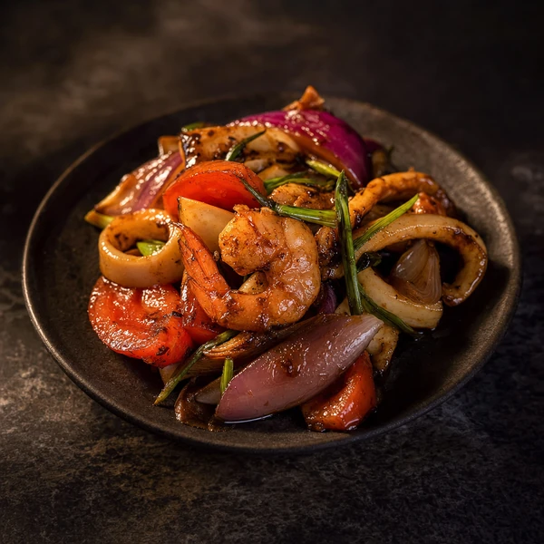 Saltado de mariscos: camarones y calamar salteados con cebolla y tomate