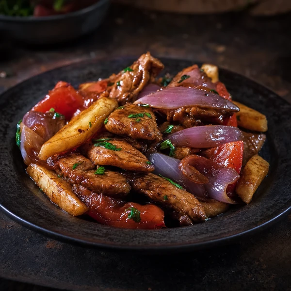 Pollo saltado: tiras de pollo salteadas con cebolla y tomate, servidas con papas fritas