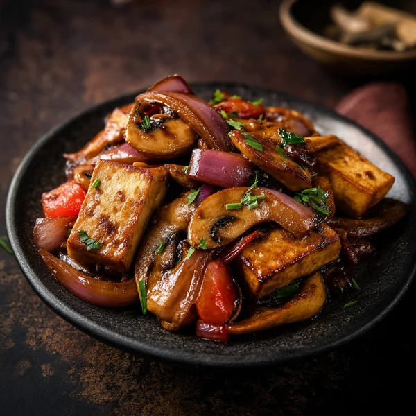 Versión vegetariana del saltado, con champiñones y tofu firme salteados